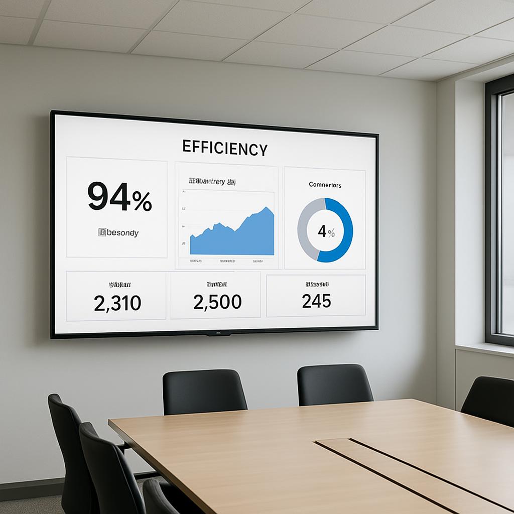 Escritório com monitor conectado a uma tela grande, mostrando em background umaprintStats geradas a partir de um modelo Ba...