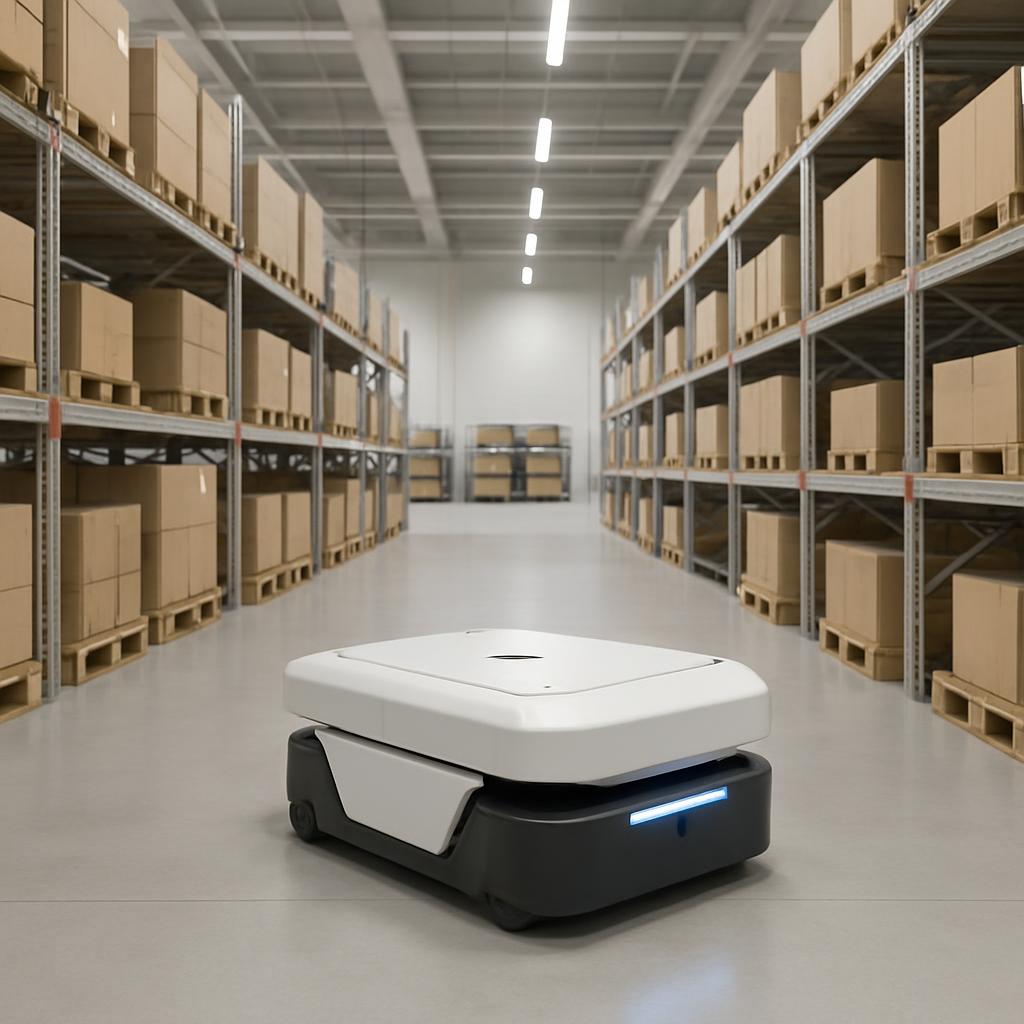 O robô da entrega se movimenta pelo armazém. Ele segue por um caminho estreito entre as prateleiras, com estantes de três ...