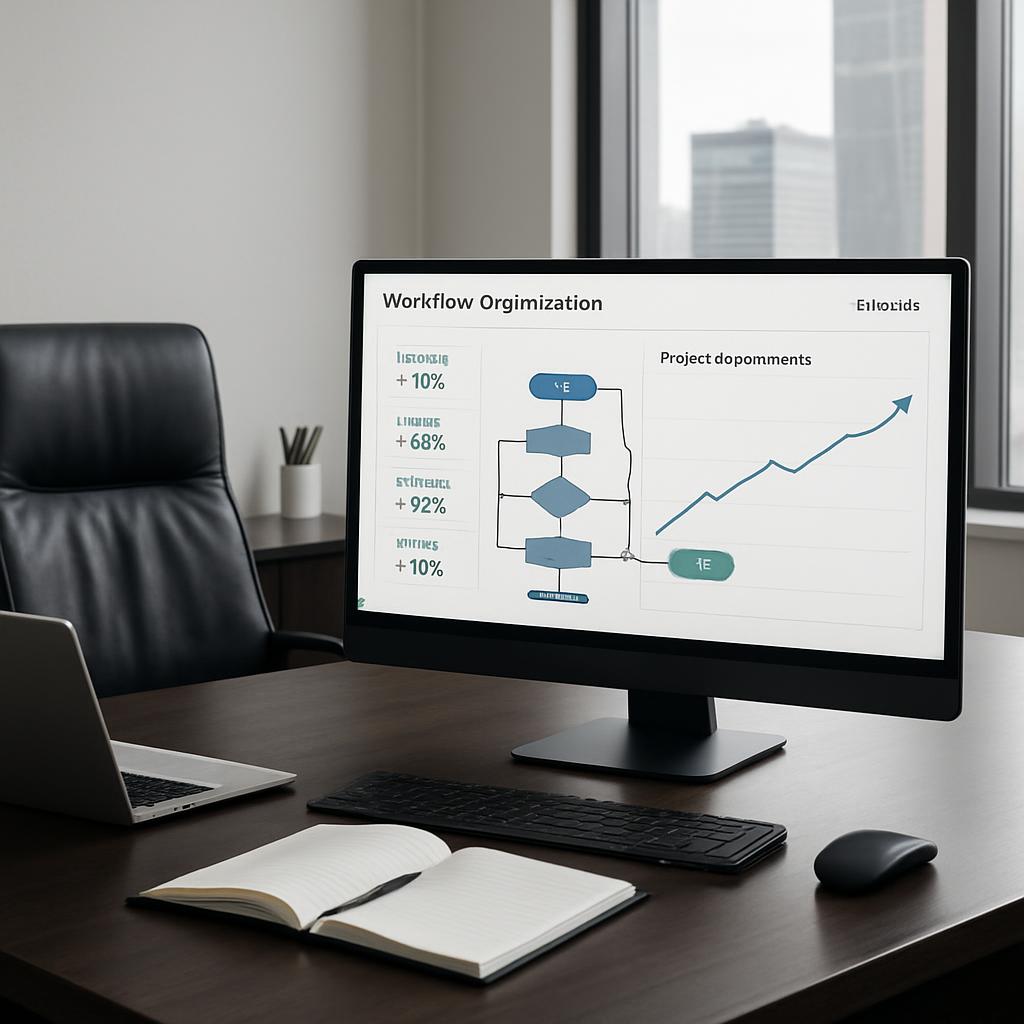 Um desktop de computador com uma tela de apresentação sobre workflow na empresa Eilizids.