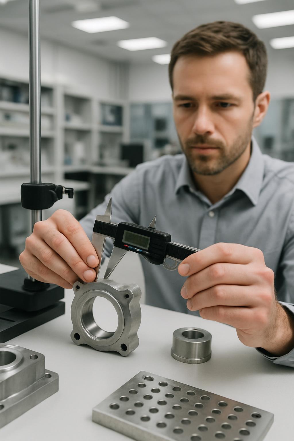 Here is the alt text: "Homem, calibrando peça em oficina de mecânica industrial".